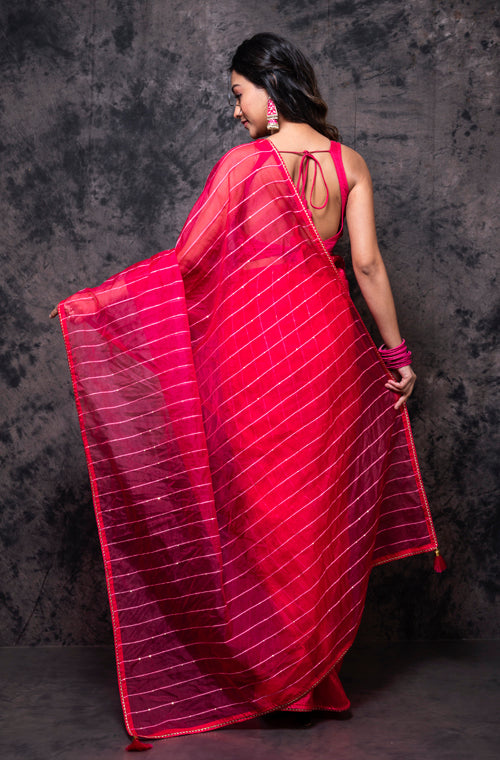 Morchari Organza Saree With Plain Blouse - Red