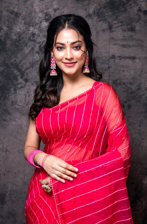 Morchari Organza Saree With Plain Blouse - Gajari