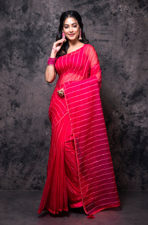 Morchari Organza Saree With Plain Blouse - Gajari