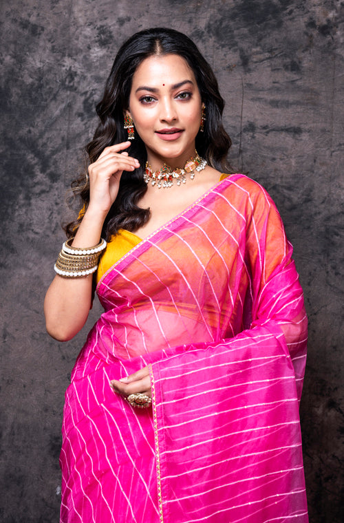 Morchari Organza Saree With Plain Blouse - Pink