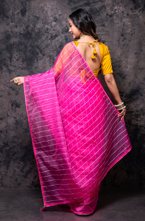Morchari Organza Saree With Plain Blouse - Pink