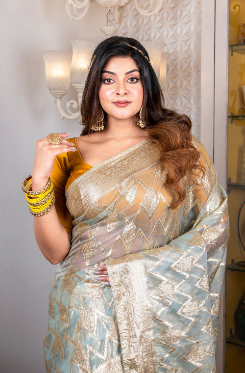Morchari Organza Heavy Zari Saree - Light Blue