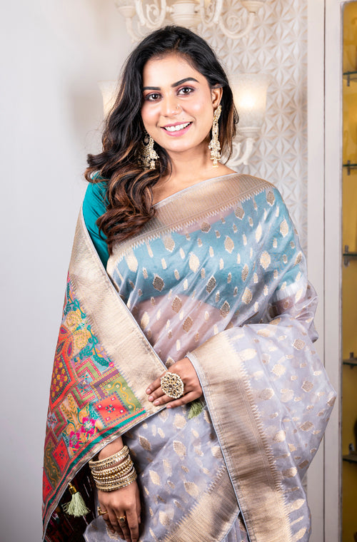 Morchari Organza Heavy Zari Saree - Grey
