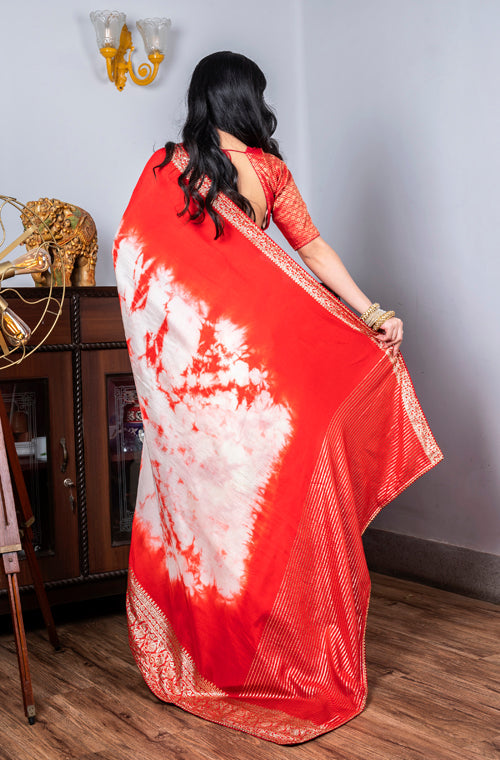 Morchari Pure Dola Saree (Marble Dye) - Red