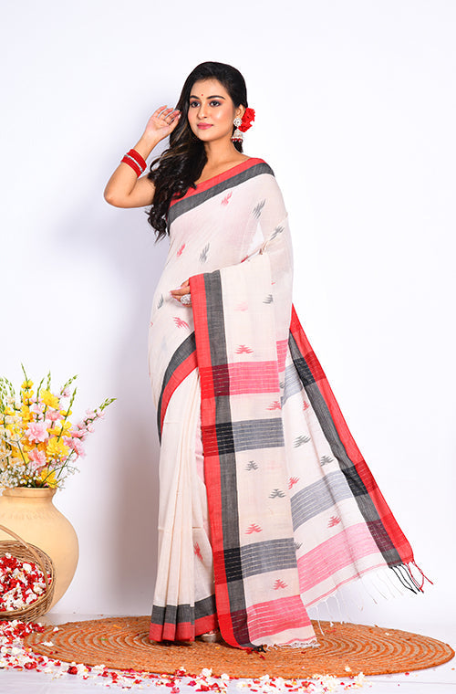 Morchari Bengal Handloom Linin Saree - Off White