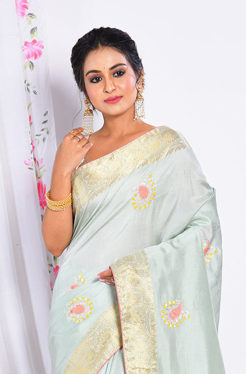 Morchari Heavy Embroidery Saree - Light Green