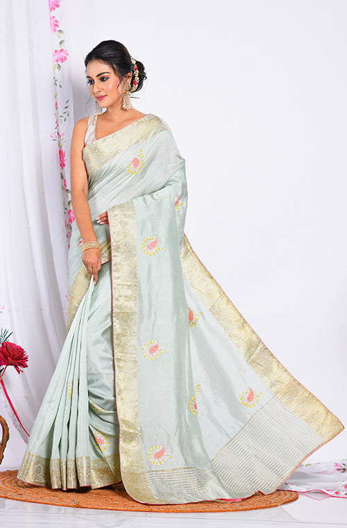 Morchari Heavy Embroidery Saree - Light Green