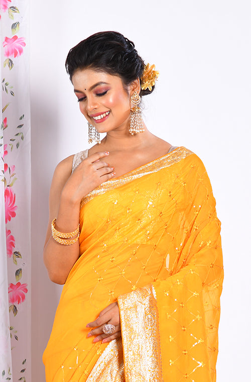 Morchari Heavy Embroidery Saree - Yellow