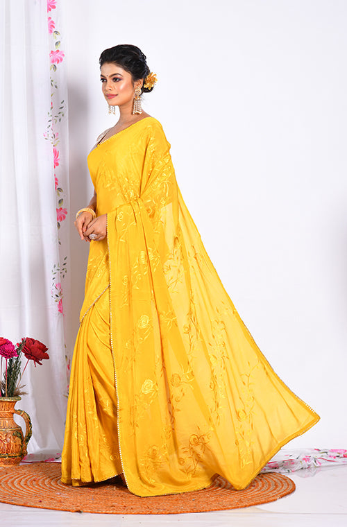 Morchari Heavy Embroidery Saree - Musterd