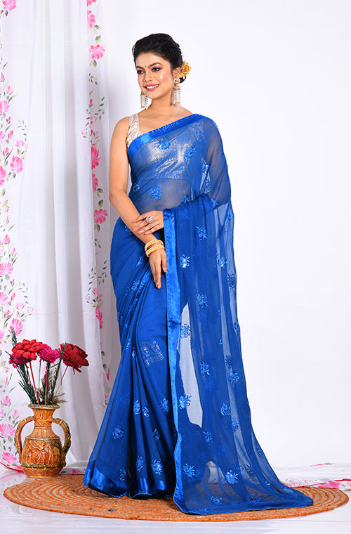 Morchari Heavy Embroidery Saree - Blue