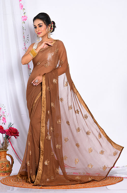 Morchari Heavy Embroidery Saree - Brown