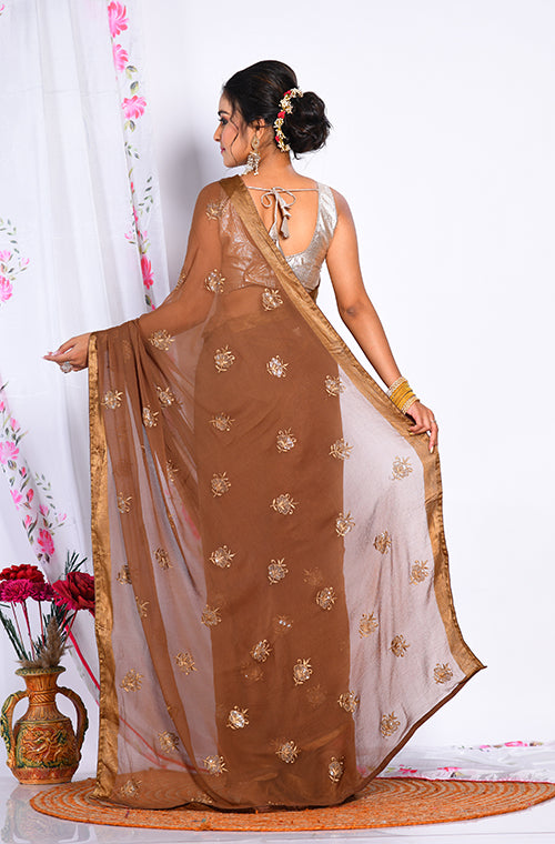 Morchari Heavy Embroidery Saree - Brown