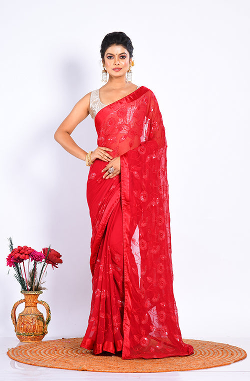 Morchari Heavy Embroidery Saree - Maroon