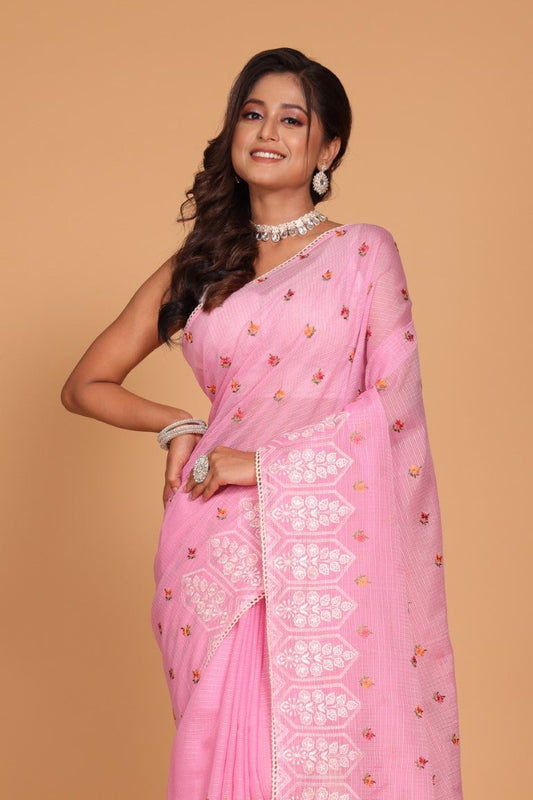 Morchari Kota Embroidery Saree - Pink