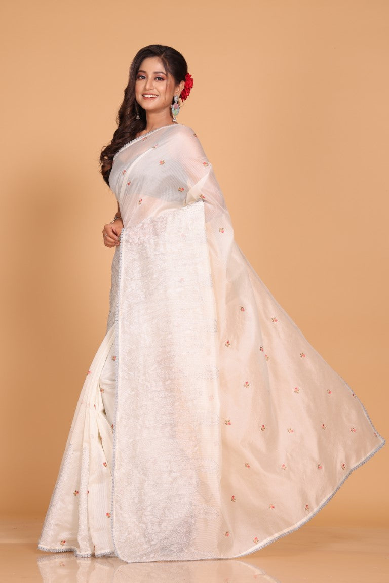 Morchari Supernet Cotton Embroidery Saree - Off White