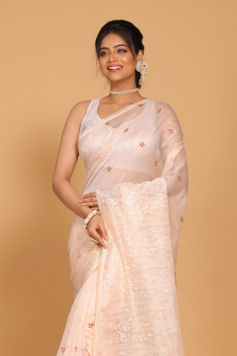Morchari Cotton Supernet Embroiedery Saree - Light Peach