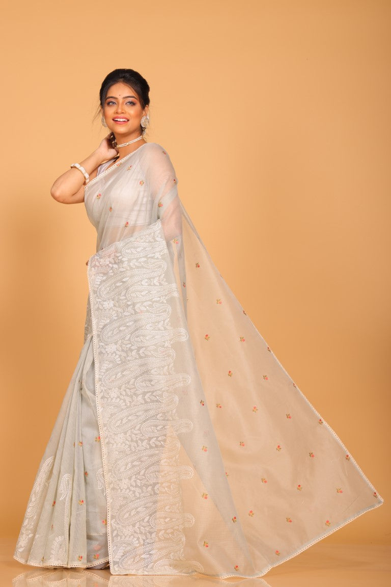 Morchari Cotton Supernet Embroiedery Saree - Dark Grey