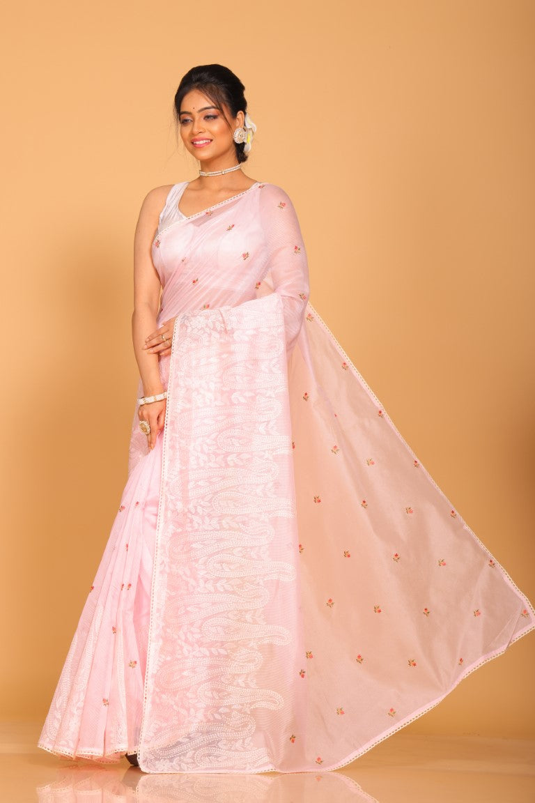 Morchari Cotton Supernet Embroiedery Saree - Light Pink