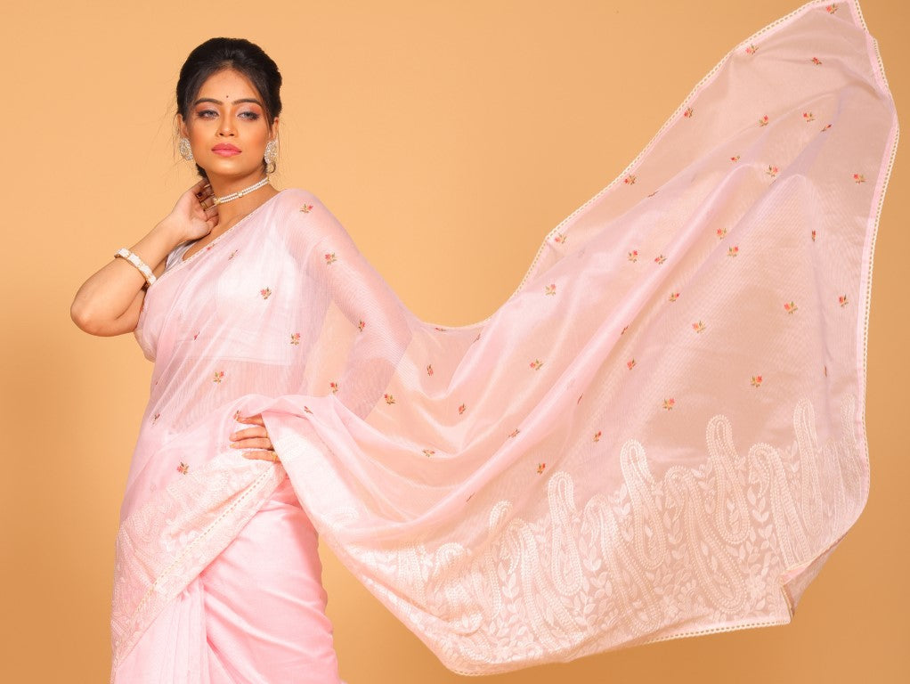 Morchari Cotton Supernet Embroiedery Saree - Light Pink