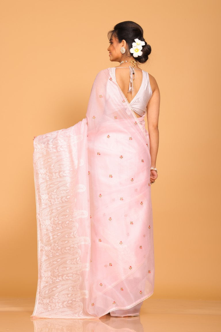 Morchari Cotton Supernet Embroiedery Saree - Light Pink