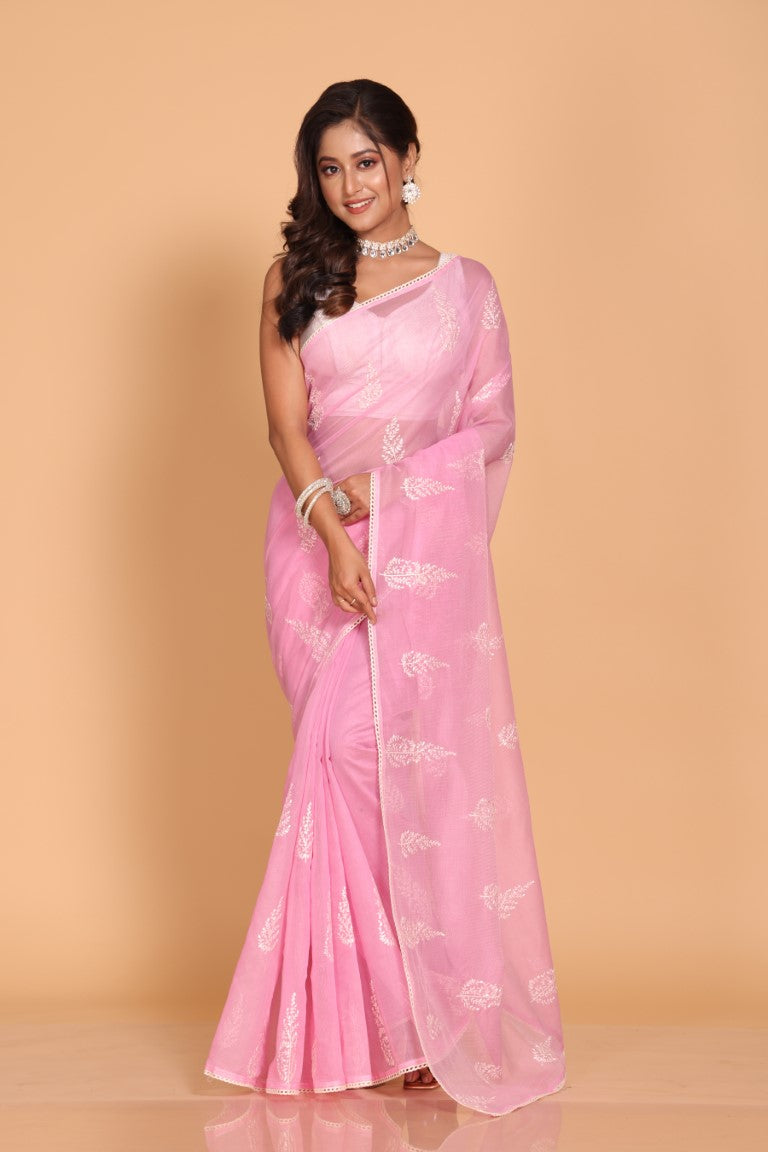 Morchari Cotton Supernet Embroiedery Saree - Pink