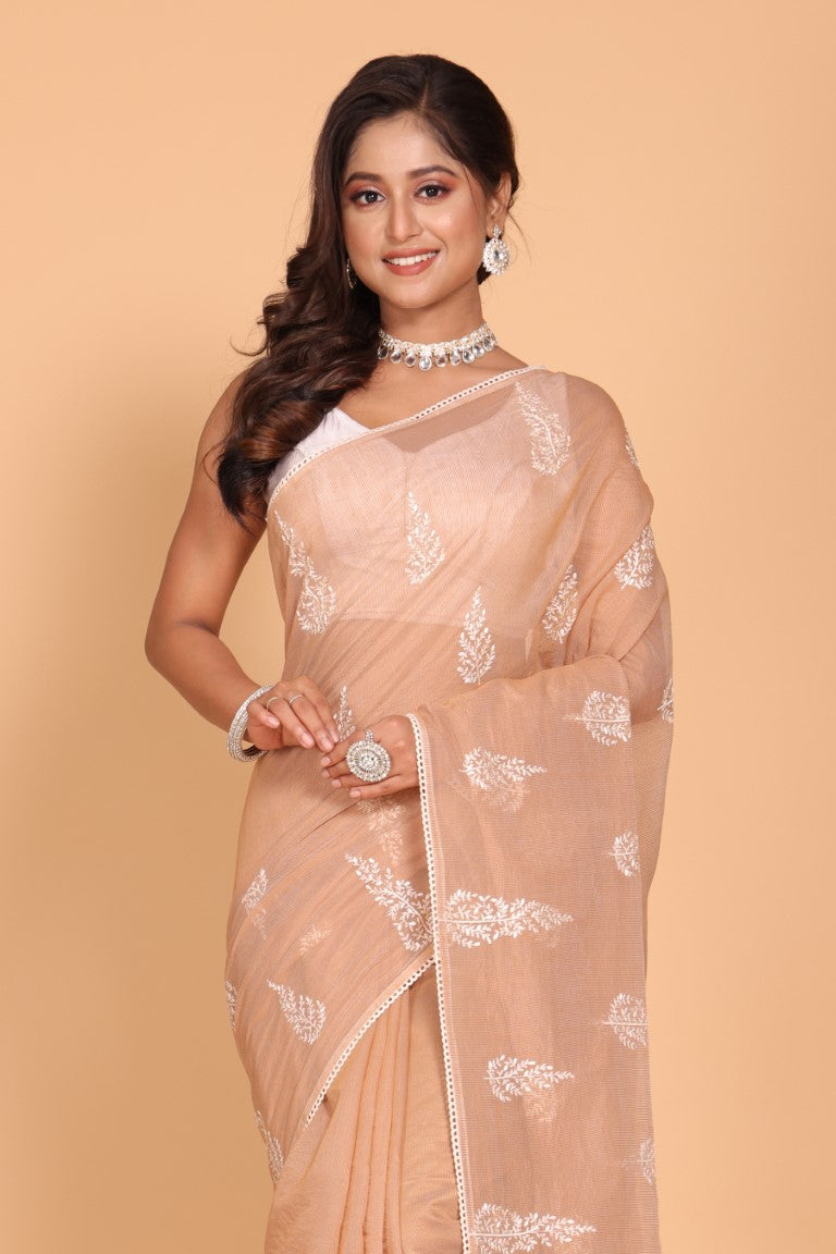 Morchari Cotton Supernet Embroiedery Saree - Brown