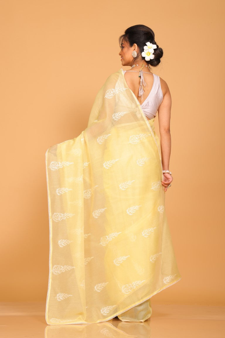 Morchari Cotton Supernet Embroiedery Saree - Yellow