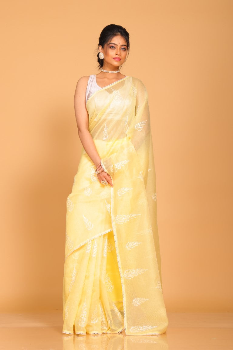 Morchari Cotton Supernet Embroiedery Saree - Yellow