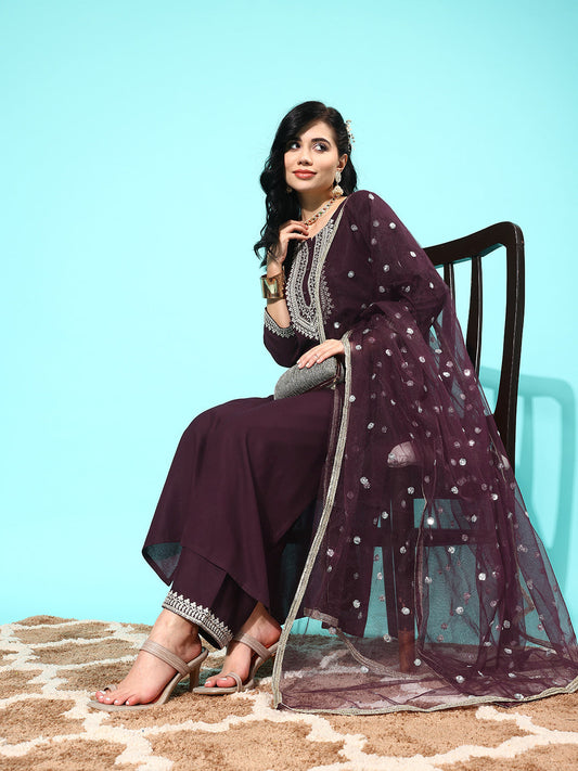 NOZ2TOZ Women Dark Purple Embroidered Straight Kurta With Palazzo And Net Dupatta - Grab2buy