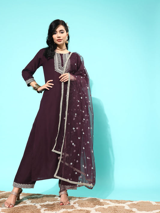 NOZ2TOZ Women Dark Purple Embroidered Straight Kurta With Palazzo And Net Dupatta - Grab2buy
