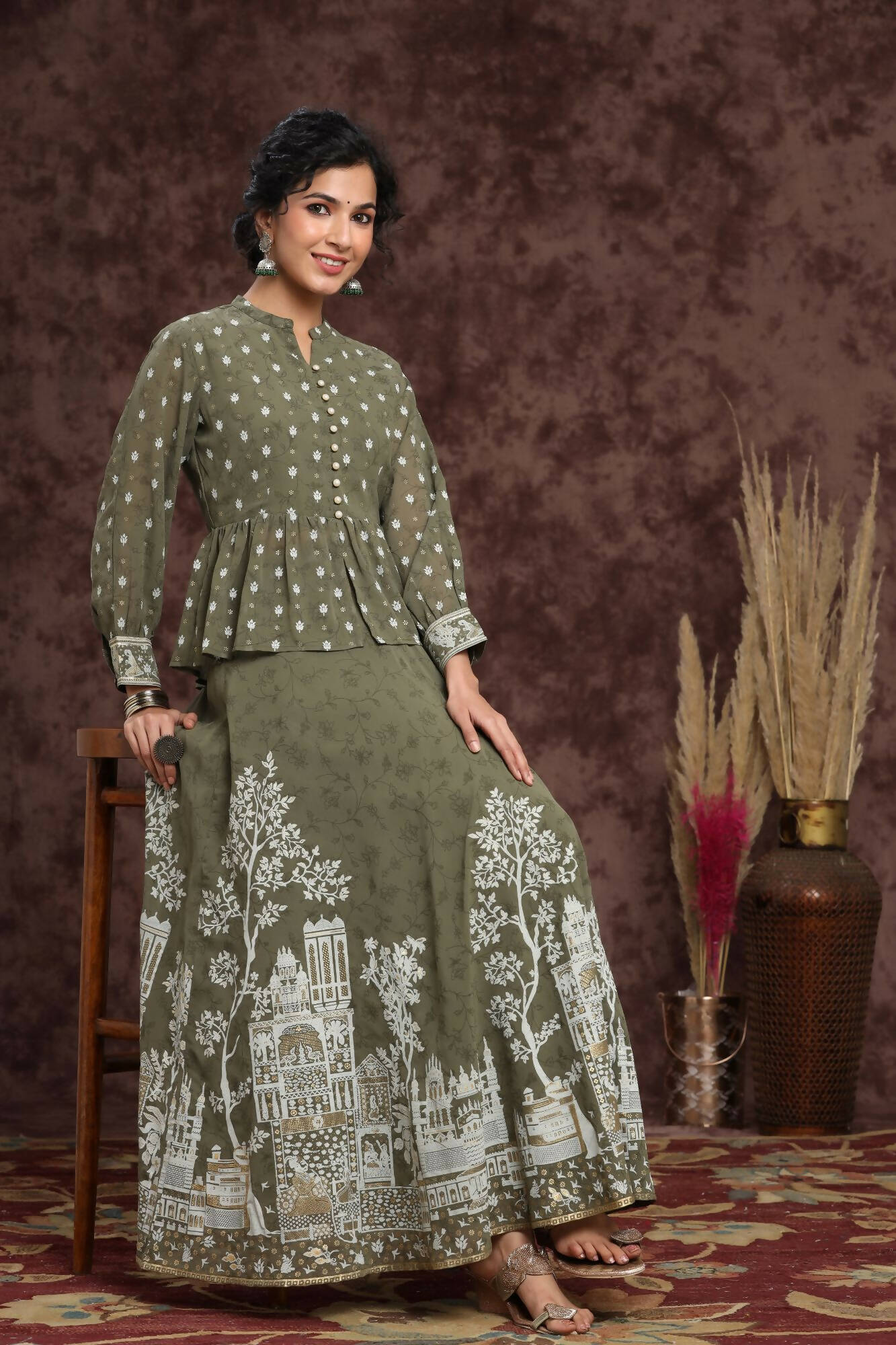 Juniper Women Olive Georgette Printed Flared Lehenga Choli Sets