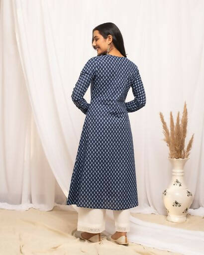 FIORRA Women's Floral Printed Navy Blue Cotton A-Line Kurta 