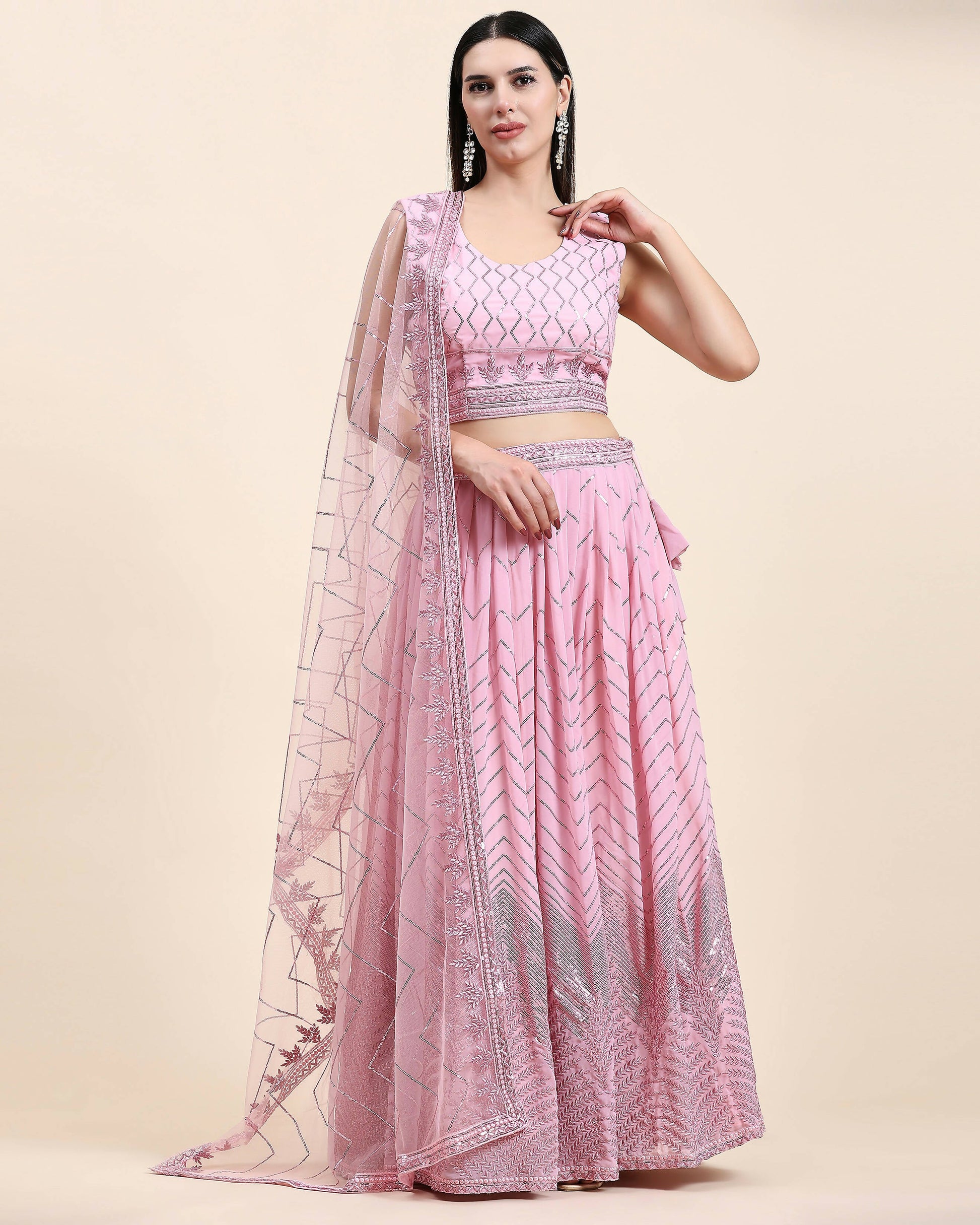 Pink Pure Viscose Georgette Sequence Embroidery work Lehenga Choli with Dupatta - Aakriti