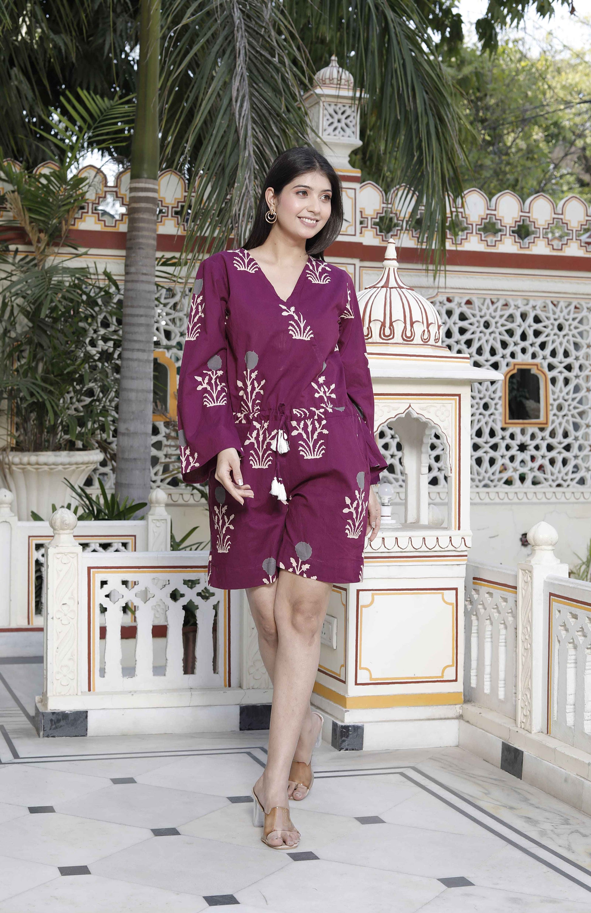 Miravan Women's Pure Cotton Wine Floral Printed Long Sleeves Waist Tie-Up Playsuit 