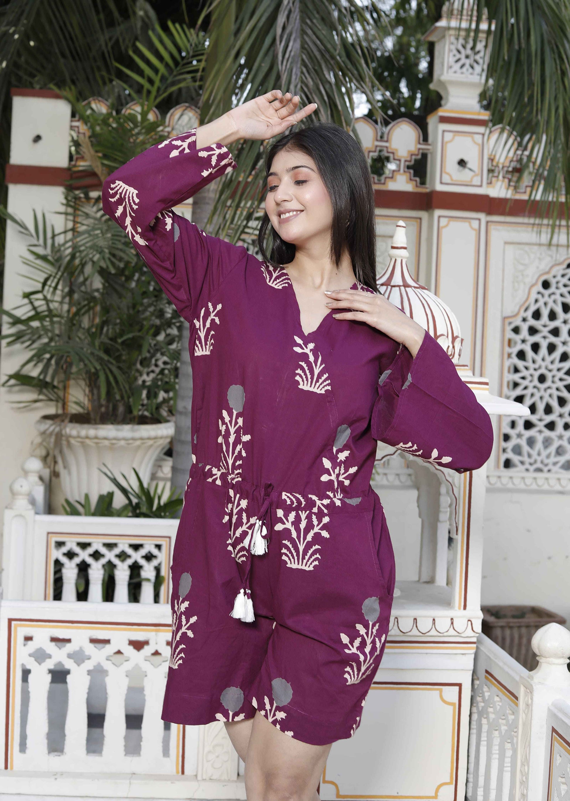 Miravan Women's Pure Cotton Wine Floral Printed Long Sleeves Waist Tie-Up Playsuit 