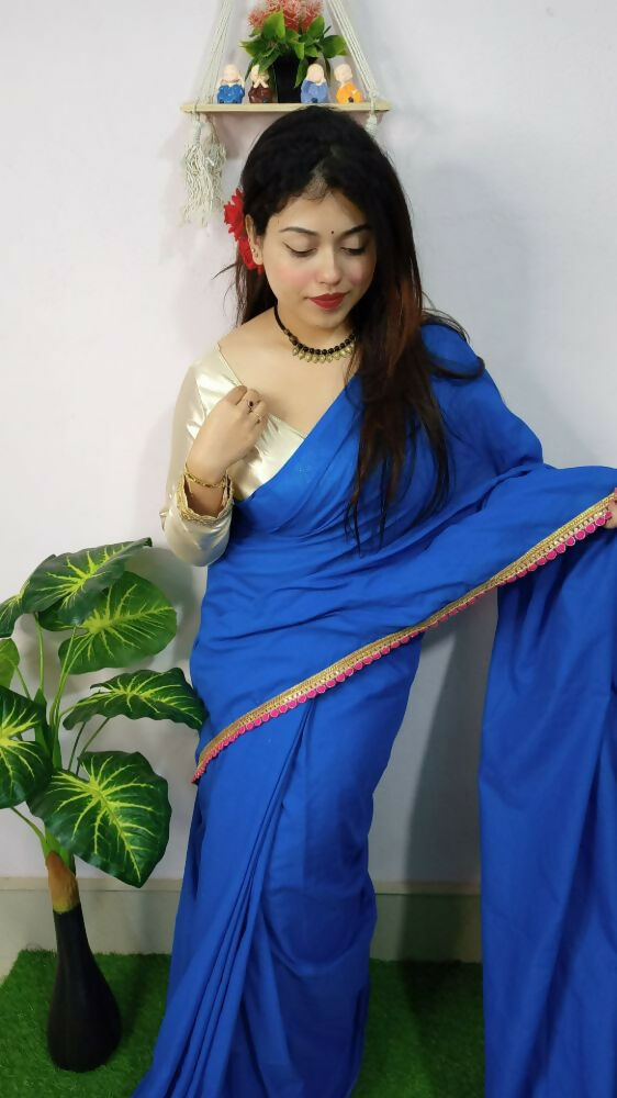 Exclusive Collection Beautiful Khadi Cotton Handloom Grab2Buy With Beautiful Zari Border - Blue 