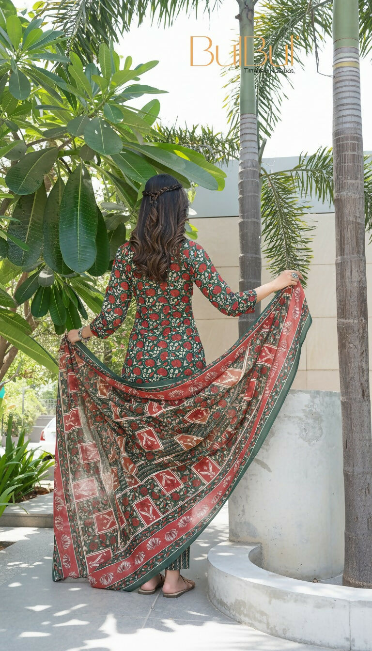 BulBul Fashionista Green Cotton Kurta Set with Dupatta 