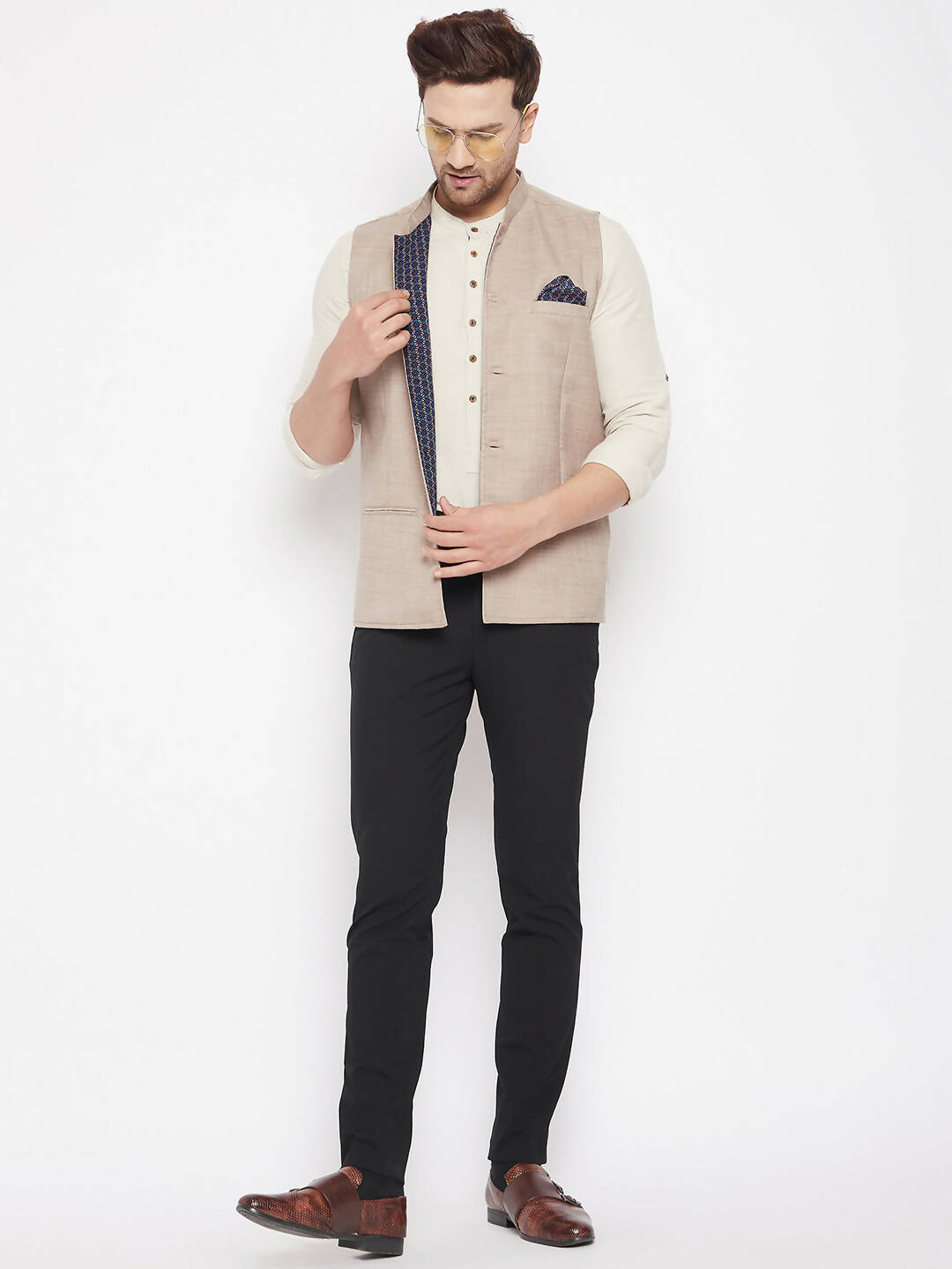 Even Apparels Cream Linen Men's Nehru Jacket-Contrast Lining-Inbuilt Pocket Square 
