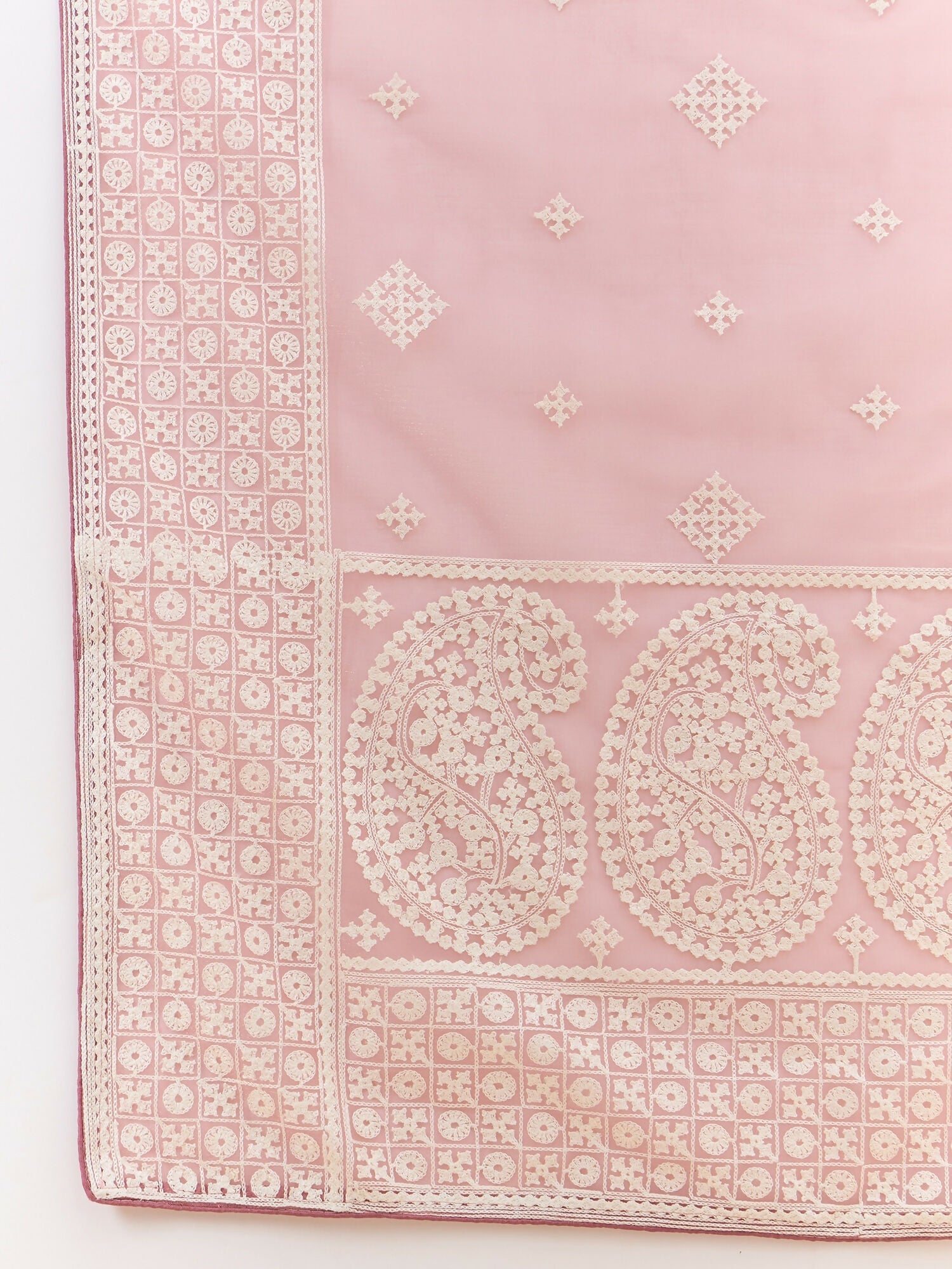 Pink Organza Geometric Embroidered Saree with Unstitched Blouse Piece - Roozal