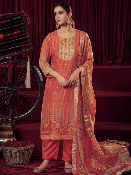 Aastha Fashion Women's Orange Organza Jacquard Woven Kurta with Trouser & Dupatta - Grab2buy