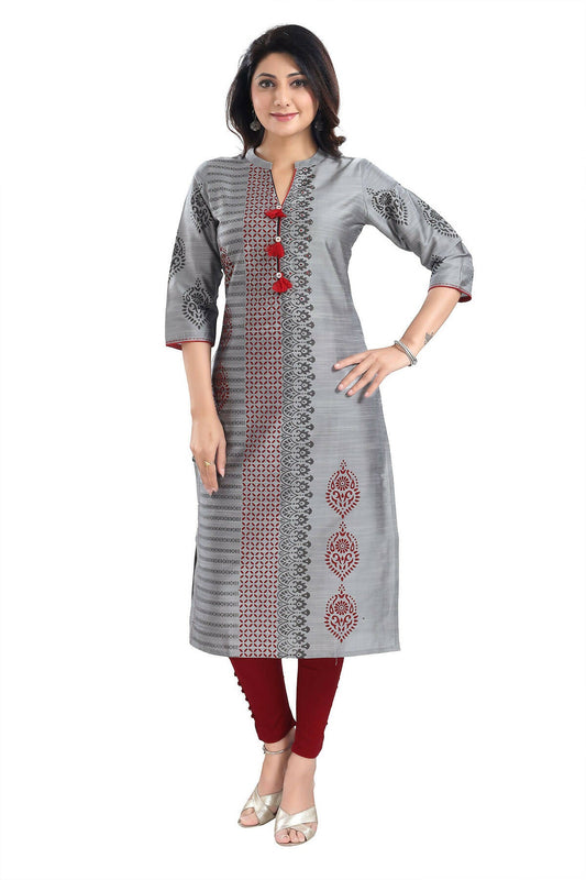 Snehal Creations Grey Raw Silk Block Print Long Kurta For Women