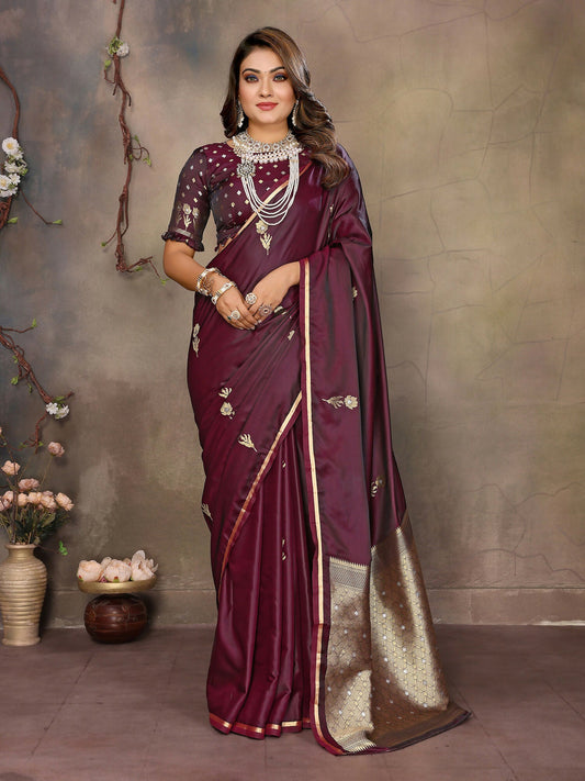 Joban Fashion Maroon Floral & Botanical Motifs Satin Silk Banarasi Silk Saree