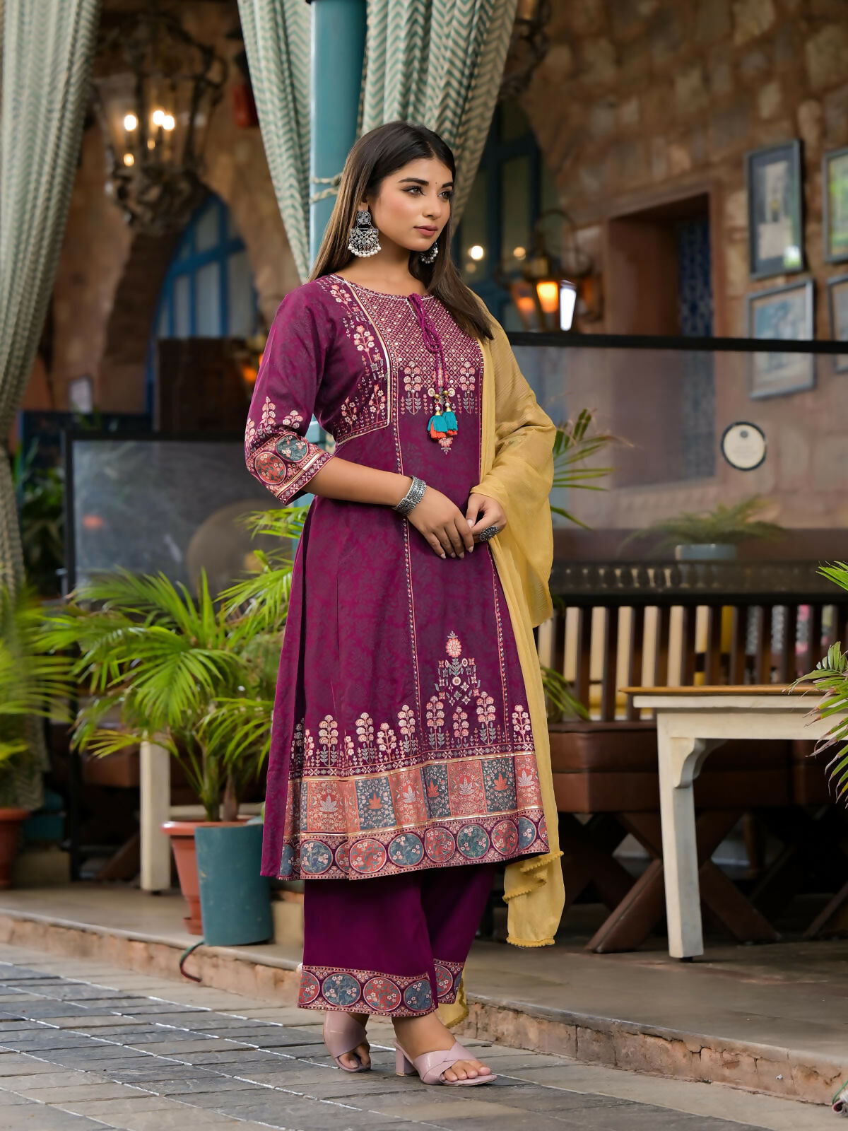 Juniper Women's Plum Floral Printed Liva Rayon Kurta Pant And Dupatta Set With Thread Work Gota Patti & Beads