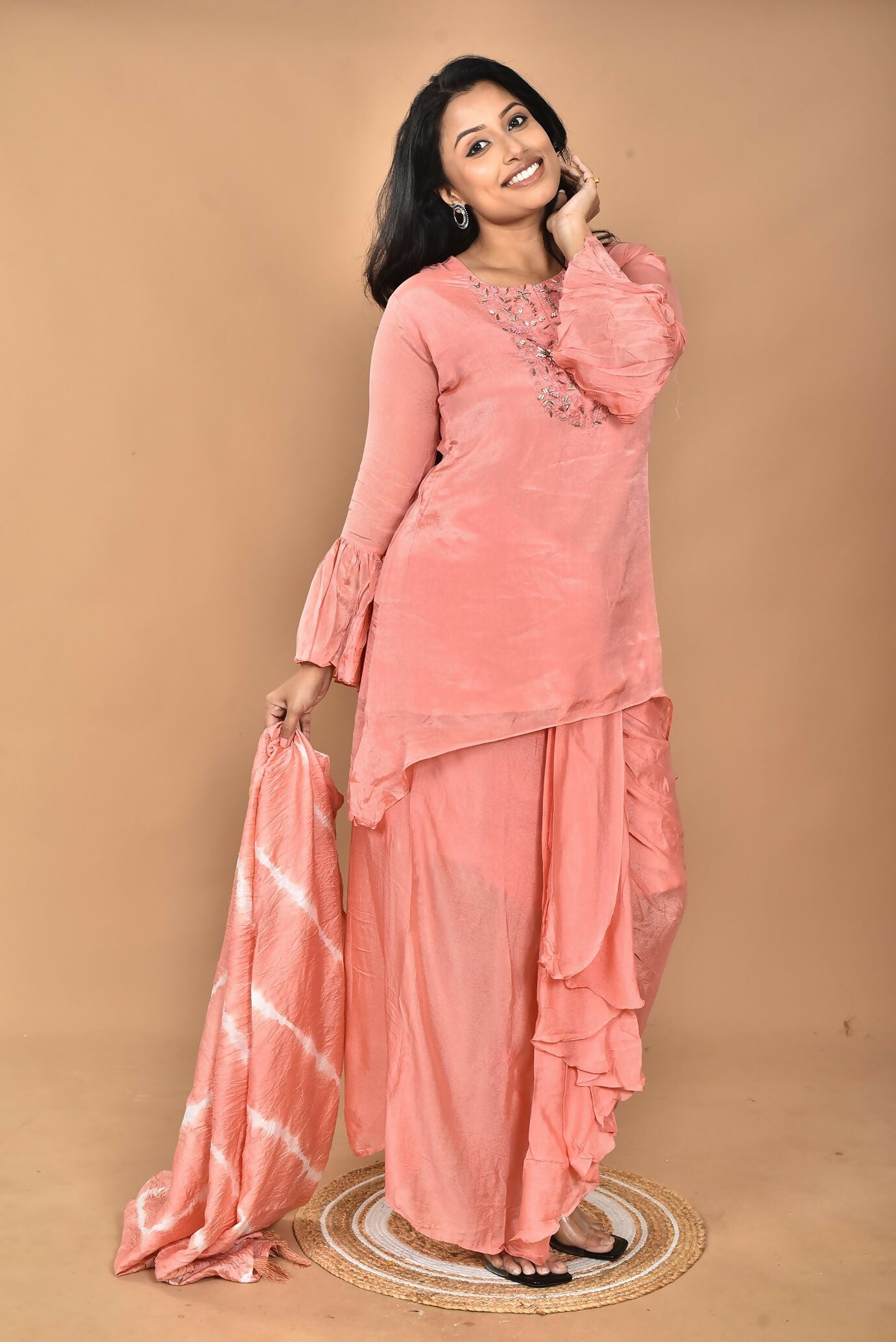 Morchari Women And Hand Embroidery Palazzo Set-Peach 