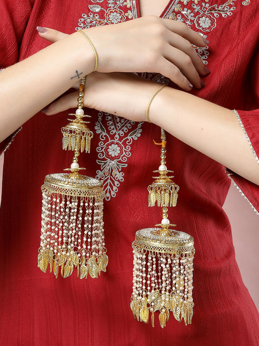 NVR Women's Pack Of 2 Gold-Polished Kundan Bridal Heavy Kaleera Sets