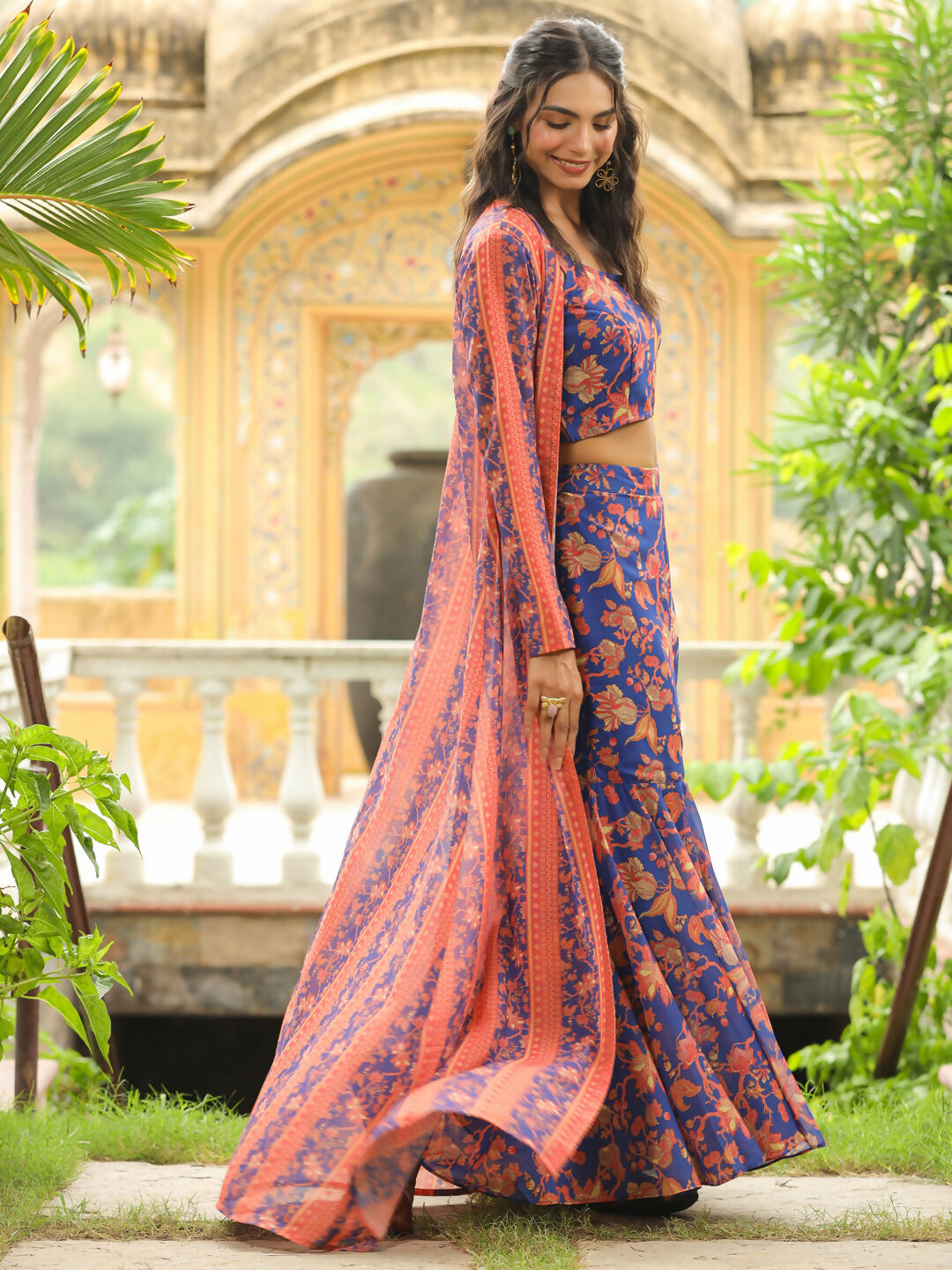 Janasya Navy Blue Georgette Floral Top,Bottom & Jacket 