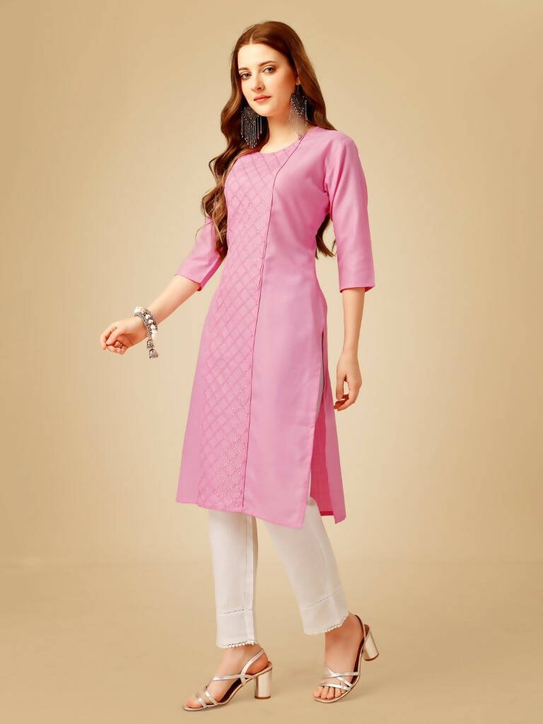 Aastha Fashion Women's Pink Cotton Blend Embroidered Kurta Pant Set - Grab2buy