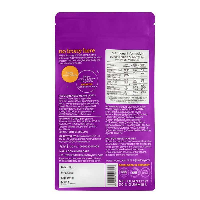 Nyumi IronGummies to Boost Energy & Reduce Fatigue - Zinc, Spinach Extract & Vitamin B12 