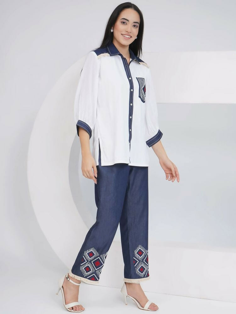 Joban Fashion White Rayon Crepe Hand-Embellished Shirt with Embellished Pants