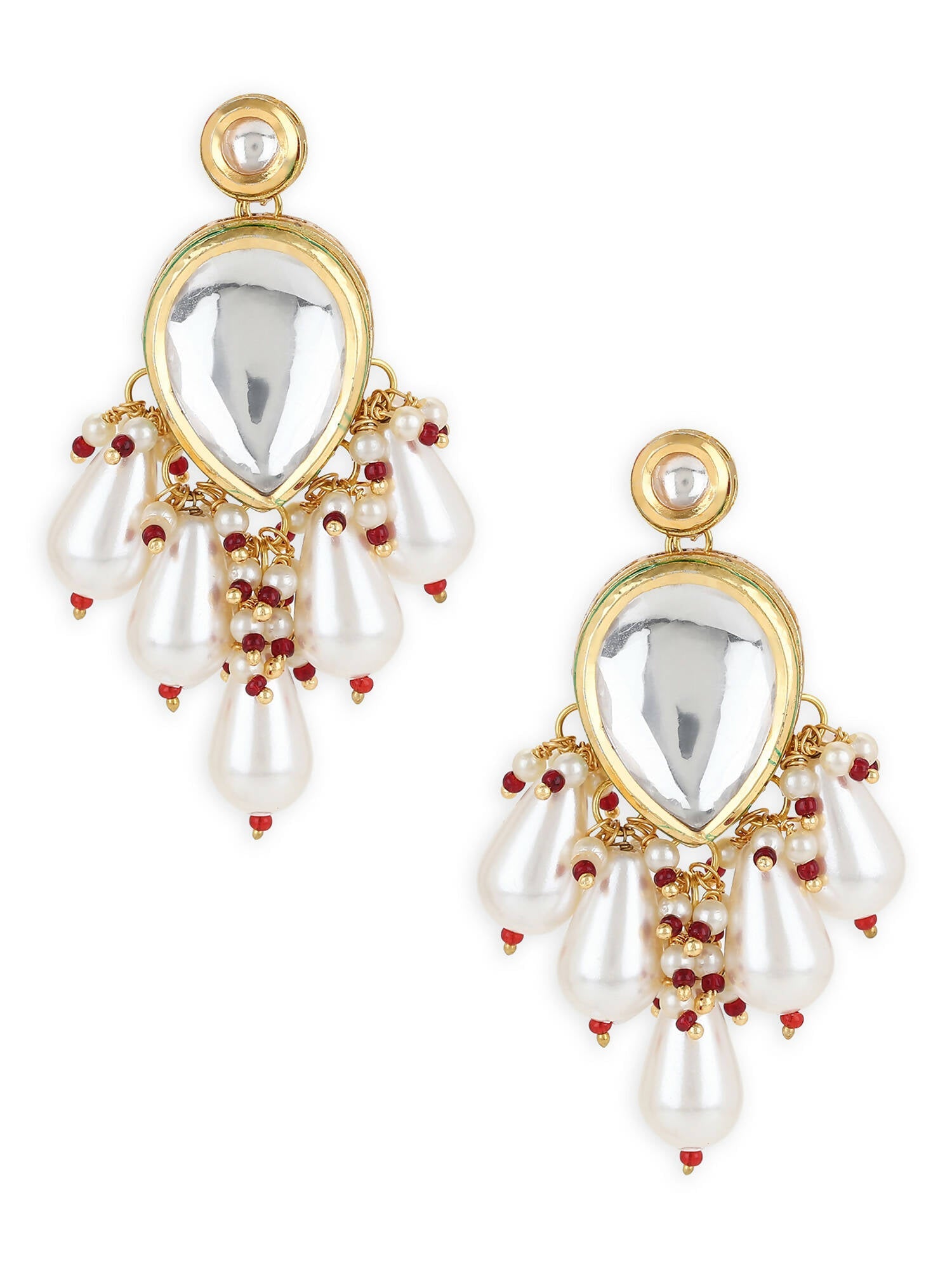 Gold-Toned White Kundan Contemporary Gold-Plated Drop Earrings - Ruby Raang - Grab2buy